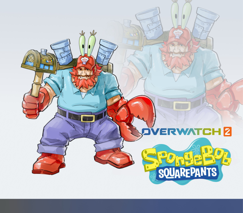 1boy, absurdres, artist_name, beard, belt, black_belt, blue_shirt, boots, chinese_commentary, claws, commentary_request, cosplay, dong_ci_da_ci_da_da_da, facial_hair, gloves, hammer, hat, highres, holding, holding_hammer, krusty_krab, looking_at_viewer, male_focus, mechanical_hands, mr._krabs, mr._krabs_(cosplay), mustache, overwatch, pants, purple_boots, purple_pants, red_boots, red_gloves, red_hat, shirt, short_sleeves, single_mechanical_hand, solo, spongebob_squarepants_(series), thick_eyebrows, torbjorn_(overwatch), v-shaped_eyebrows, watermark, zoom_layer