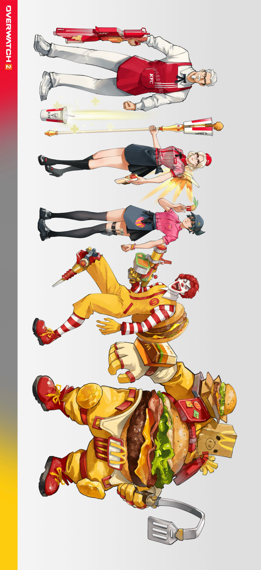 2girls, 3boys, absurdres, alternate_costume, apron, artist_name, bacon, badge