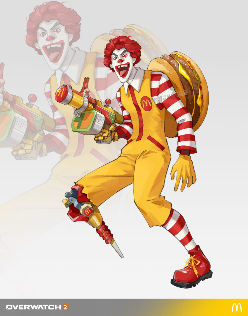 1boy, absurdres, alternate_costume, artist_name, burger, chinese_commentary, clown_makeup, colored_skin