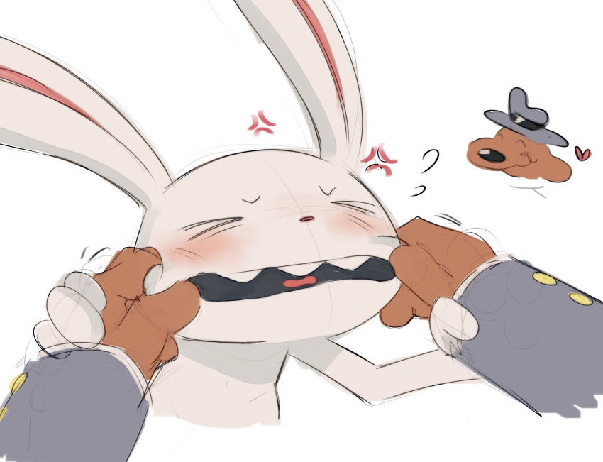 2boys, anger_vein, animal_ears, blush, brown_fur, cheek_pinching, closed_eyes, closed_mouth, dog_boy, dog_ears, fangs, floppy_ears, flying_sweatdrops, furry, furry_male, grey_hat, hands_on_another's_cheeks, hands_on_another's_face, hat, heart, highres, male_focus, max_(sam_&amp;_max), multiple_boys, open_mouth, pinching, rabbit_boy, rabbit_ears, sam_&amp;_max, sam_(sam_&amp;_max), smile, vestigialbones, white_background, white_fur
