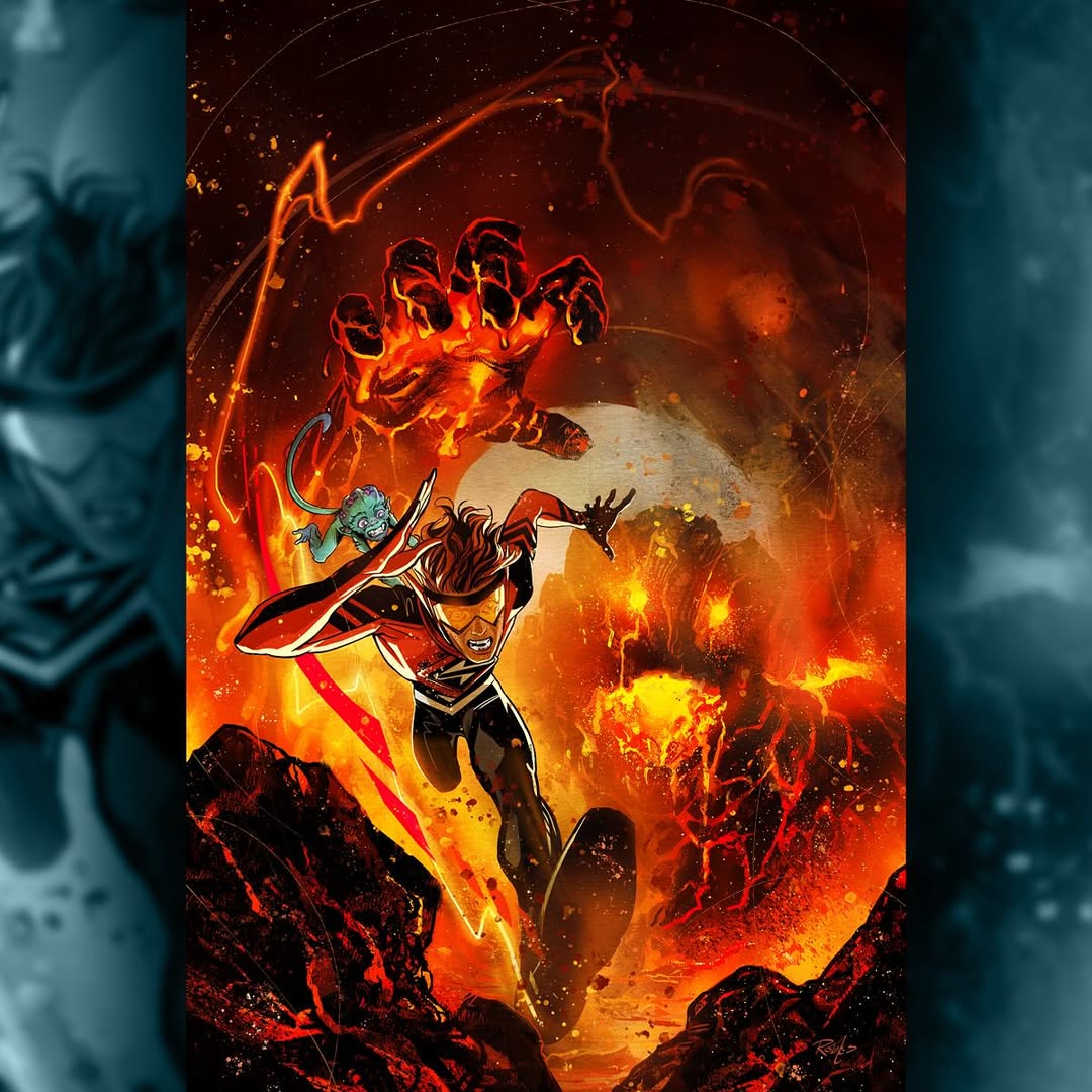 2boys, absolute_dc, absolute_flash, animal, aqua_fur, battle, black_bodysuit, bodysuit, brown_hair, commentary, dc_comics, english_commentary, fire, fleeing, grodd_(absolute_dc), heat_wave_(absolute_dc), lava, male_focus, mask, monkey, multicolored_bodysuit, multiple_boys, nick_robles, official_art, pyrokinesis, red_bodysuit, running, short_hair, superhero_costume, teeth, the_flash_(absolute_dc), the_flash_(series), tinted_eyewear, two-tone_bodysuit, wally_west_(absolute_dc), yellow-tinted_eyewear