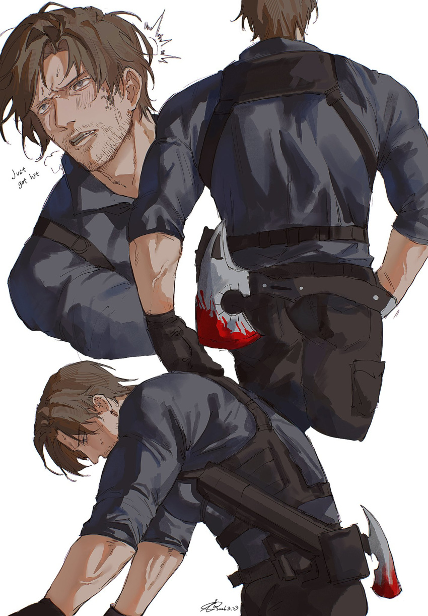 1boy, axe, beard_stubble, belt, black_gloves, blood, blood_on_weapon, blue_eyes