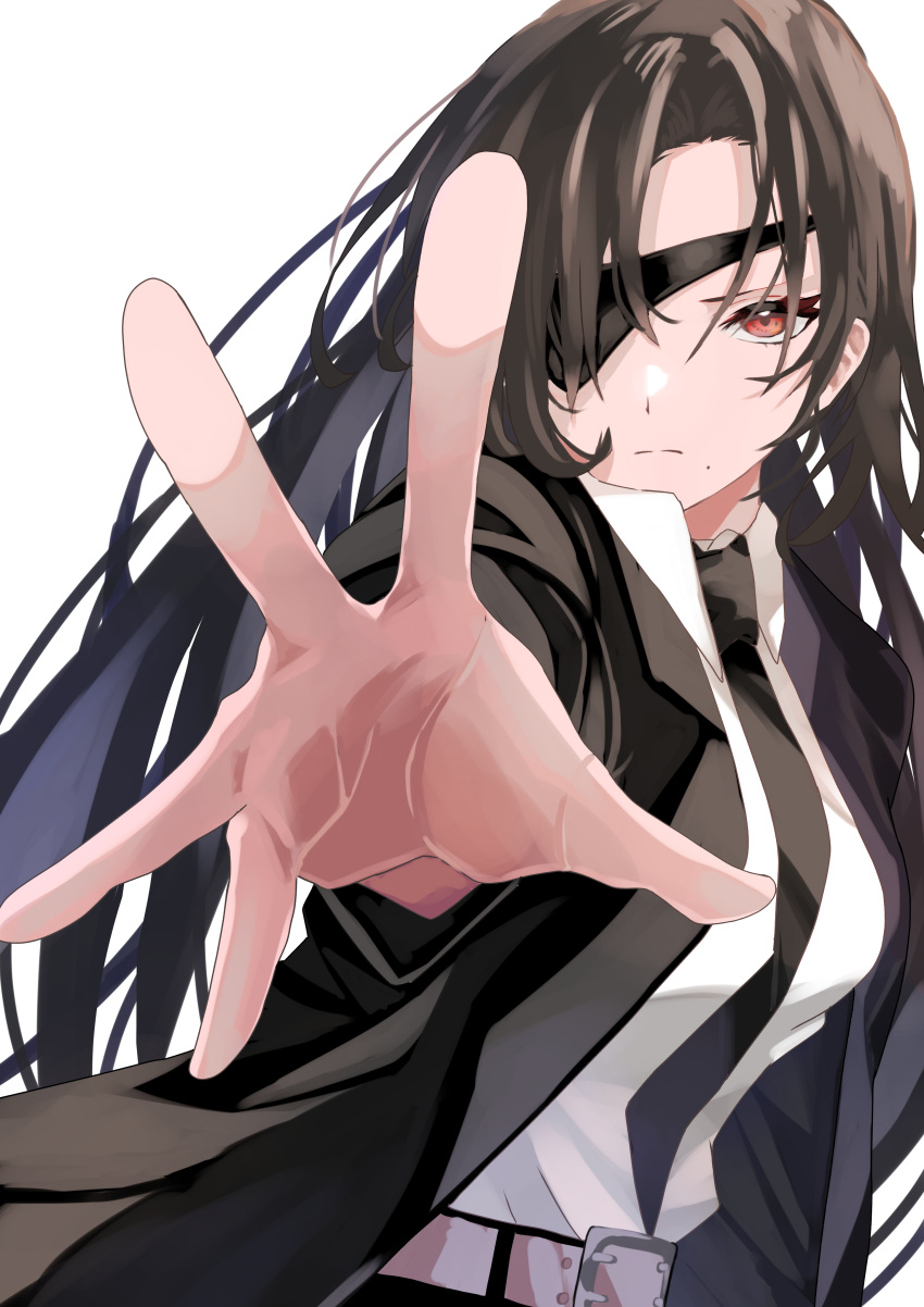 1girl, absurdres, amateru, asa_(mononoke), belt, black_jacket, black_necktie, brown_hair