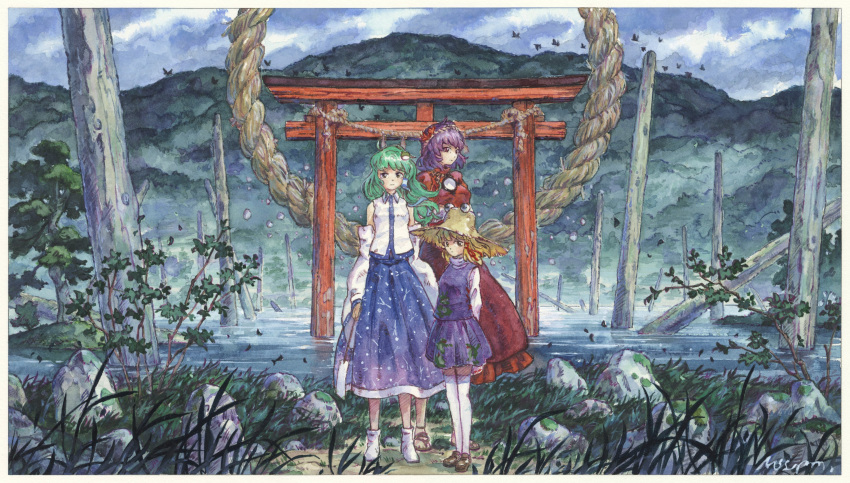 3girls, absurdres, ankle_boots, bird, blonde_hair, blue_skirt, boots, border