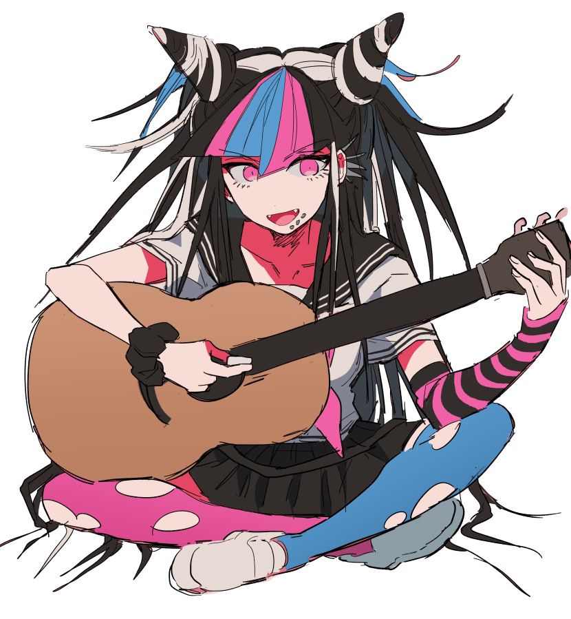 1girl, acoustic_guitar, asymmetrical_legwear, commentary_request, danganronpa_(series), danganronpa_2:_goodbye_despair, face_piercing, guitar