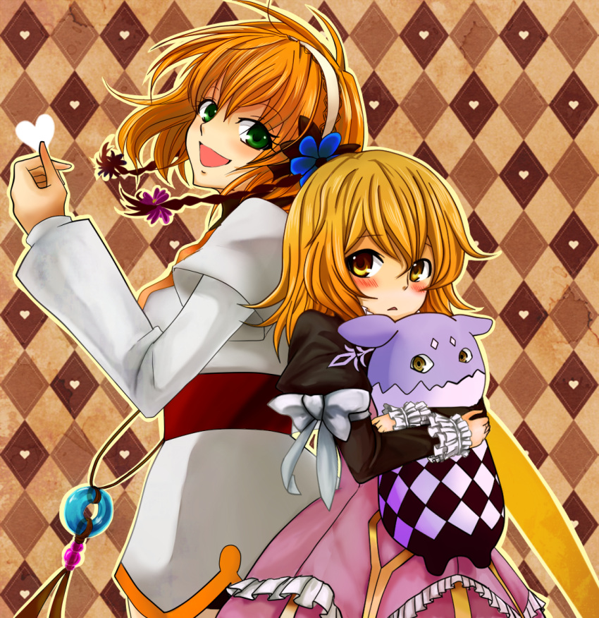3gou, argyle, argyle_background, blonde_hair, bow, brown_background, brown_hair, creature