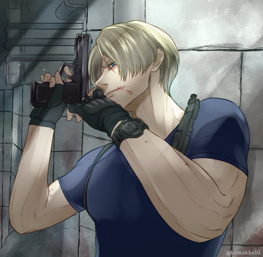 1boy, black_gloves, blonde_hair, blood, blood_on_face, chest_holster, commentary, fingerless_gloves, gloves, gun, handgun, hands_up, head_tilt, highres, holding, holding_gun, holding_weapon, kumakko10, leon_s._kennedy, looking_at_viewer, male_focus, muscular, muscular_male, resident_evil, resident_evil_4, short_hair, solo, upper_body, walkie-talkie, weapon