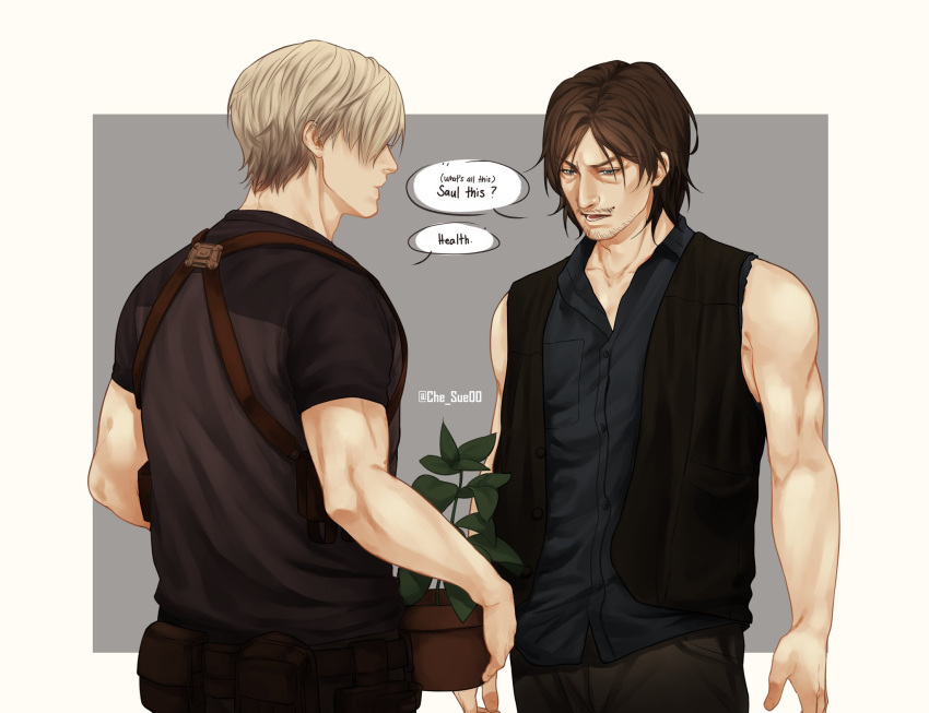 2boys, black_shirt, black_vest, blonde_hair, blue_eyes, blue_shirt, border, brown_hair