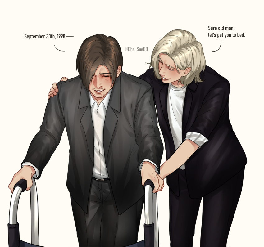 black_jacket, bob_cut, brown_hair, che_sue00, collared_shirt, commentary, english_commentary, english_text, feet_out_of_frame, grace_ashcroft, hand_on_another's_shoulder, highres, jacket, leon_s._kennedy, meme, mobility_walker, open_clothes, open_jacket, parody, resident_evil, resident_evil_requiem, shirt, slouching, suit_jacket, sure_grandma_let's_get_you_to_bed_(meme), white_hair, white_shirt
