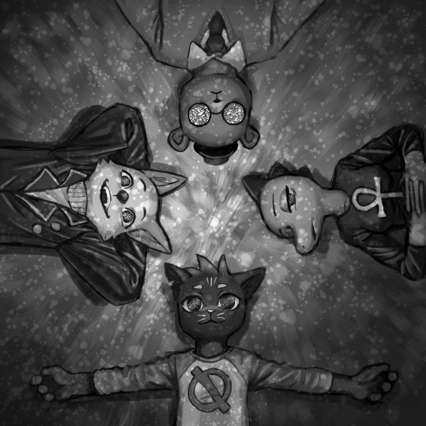 2boys, 2girls, angus_delaney, animal_ears, arms_behind_head, bea_santello, bear_boy, bear_ears