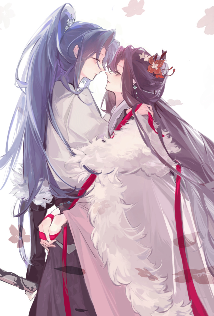 2girls, 687d9710000000001b0223e3, absurdres, chief_(path_to_nowhere), chinese_clothes, chinese_commentary, commentary_request, commission, cowboy_shot, female_chief_(path_to_nowhere), high_ponytail, highres, jichuan_(path_to_nowhere), looking_at_another, multiple_girls, path_to_nowhere, ponytail, white_background, yuri