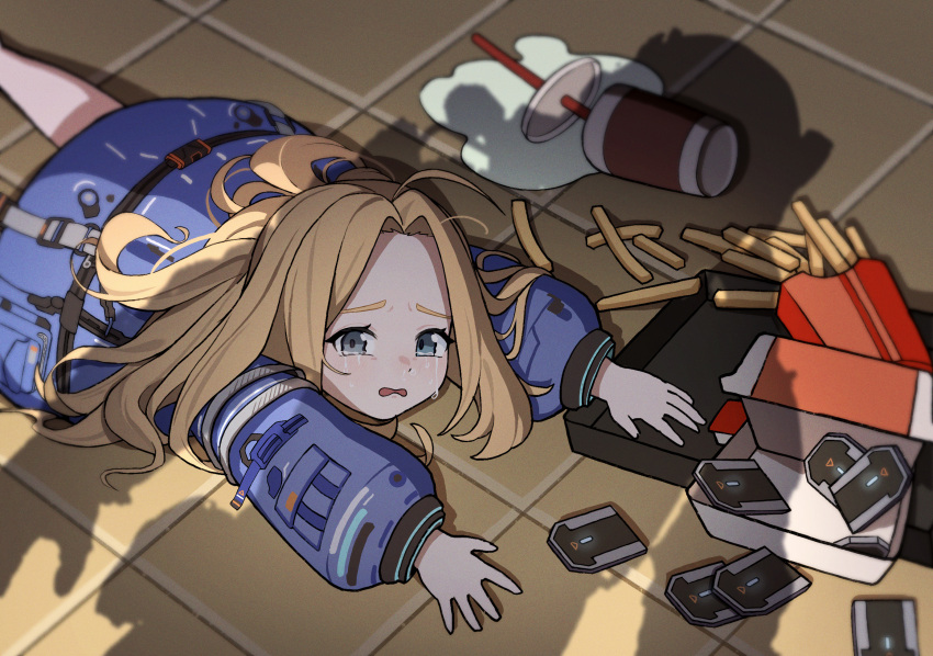 1girl, apu_spills_his_tendies_(meme), blonde_hair, blue_coat, blue_eyes, coat, commentary, crying