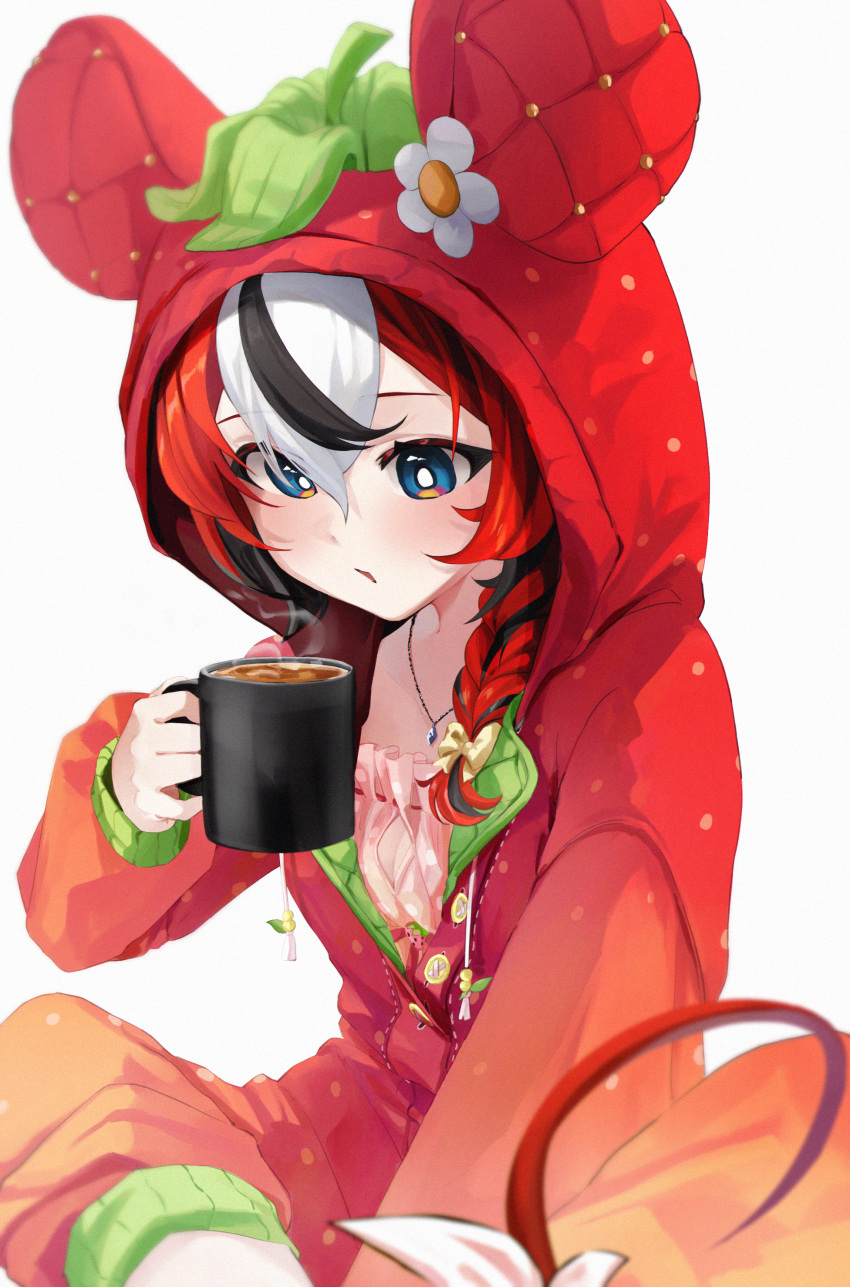 1girl, absurdres, animal_ears, black_streaks, braid, coffee, coffee_mug, cup