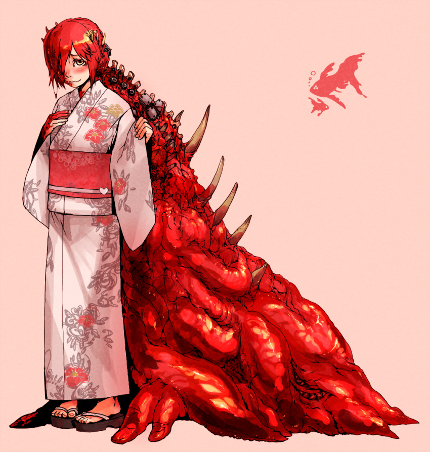 japanese_clothes, kimono, monster_girl, nankinjouto, red_hair, redhead, sandals, standing
