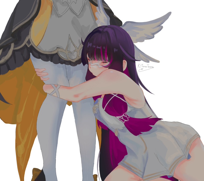 2girls, artist_name, bare_shoulders, black_hair, closed_eyes, columbina_(genshin_impact), dress, eye_mask, genshin_impact, grabbing_another's_leg, hair_ornament, hair_ribbon, head_wings, highres, kitsunetenma, long_hair, mask, multicolored_hair, multiple_girls, purple_hair, purple_streaks, ribbon, sandrone_(genshin_impact), simple_background, streaked_hair, thigh-highs, two-tone_hair, very_long_hair, white_background, white_dress, white_thighhighs, white_wings, wings, yuri
