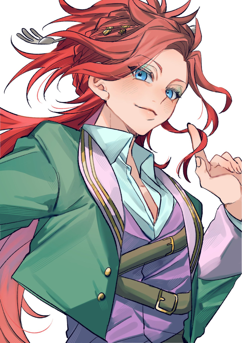 1boy, aqua_eyeshadow, blue_eyes, closed_mouth, commentary, eyeshadow, fork_hair_ornament, green_jacket