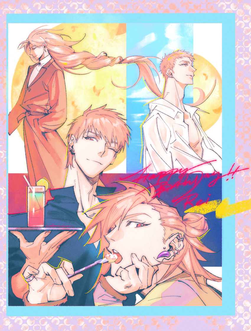 1boy, absurdres, caloserrr, character_name, coat, commentary, ear_piercing, hair_bun