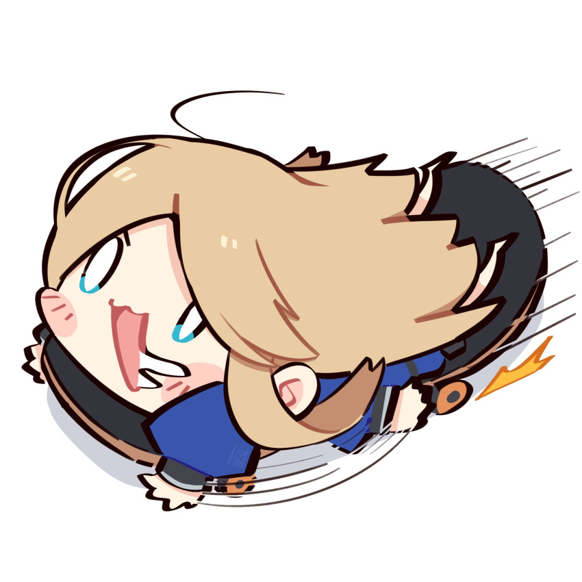1girl, blank_eyes, blonde_hair, blue_coat, blush_stickers, chibi, coat, commentary