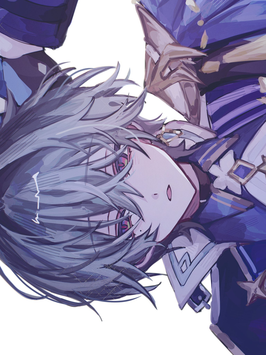 1boy, armor, commentary_request, crossed_bangs, earrings, genshin_impact, gloves, green_hair, hair_between_eyes, highres, jewelry, kasou_0v0, lohen_(genshin_impact), long_sleeves, looking_at_viewer, male_focus, mole, mole_under_eye, open_mouth, shoulder_armor, single_earring, solo, white_background
