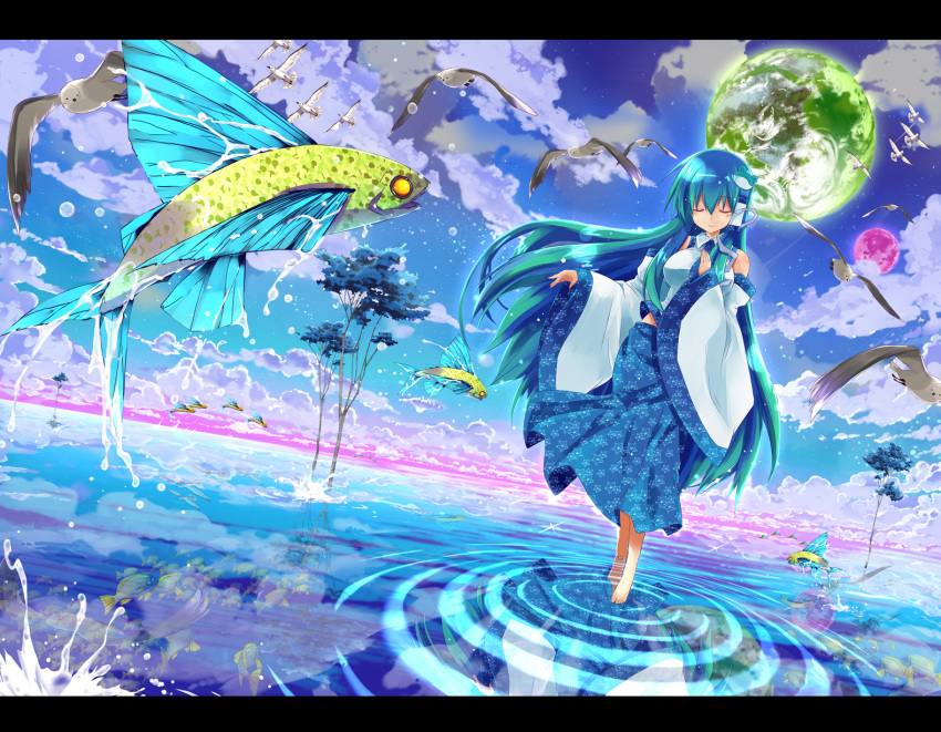bird, closed_eyes, cloud, detached_sleeves, eyes_closed, fantasy, fish, frog