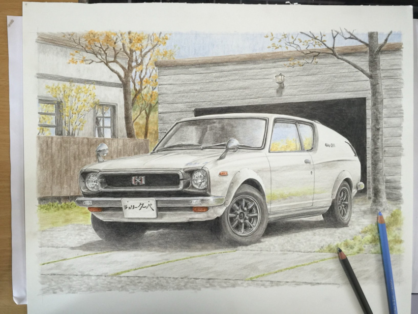 art_tools_in_frame, building, car, colored_pencil, colored_pencil_(medium), commentary_request, day, fence, garage, highres, lantern, motor_vehicle, nissan, nissan_cherry, no_humans, original, outdoors, pencil, photo_(medium), shin_iroenpitsu, traditional_media, tree, vehicle_focus, white_car, wooden_fence