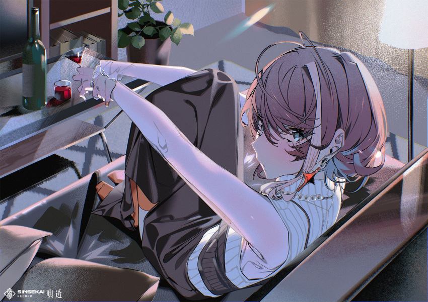 1girl, ahoge, alternate_costume, asu_(sinsekai), blush, bottle, brown_hair, commentary_request