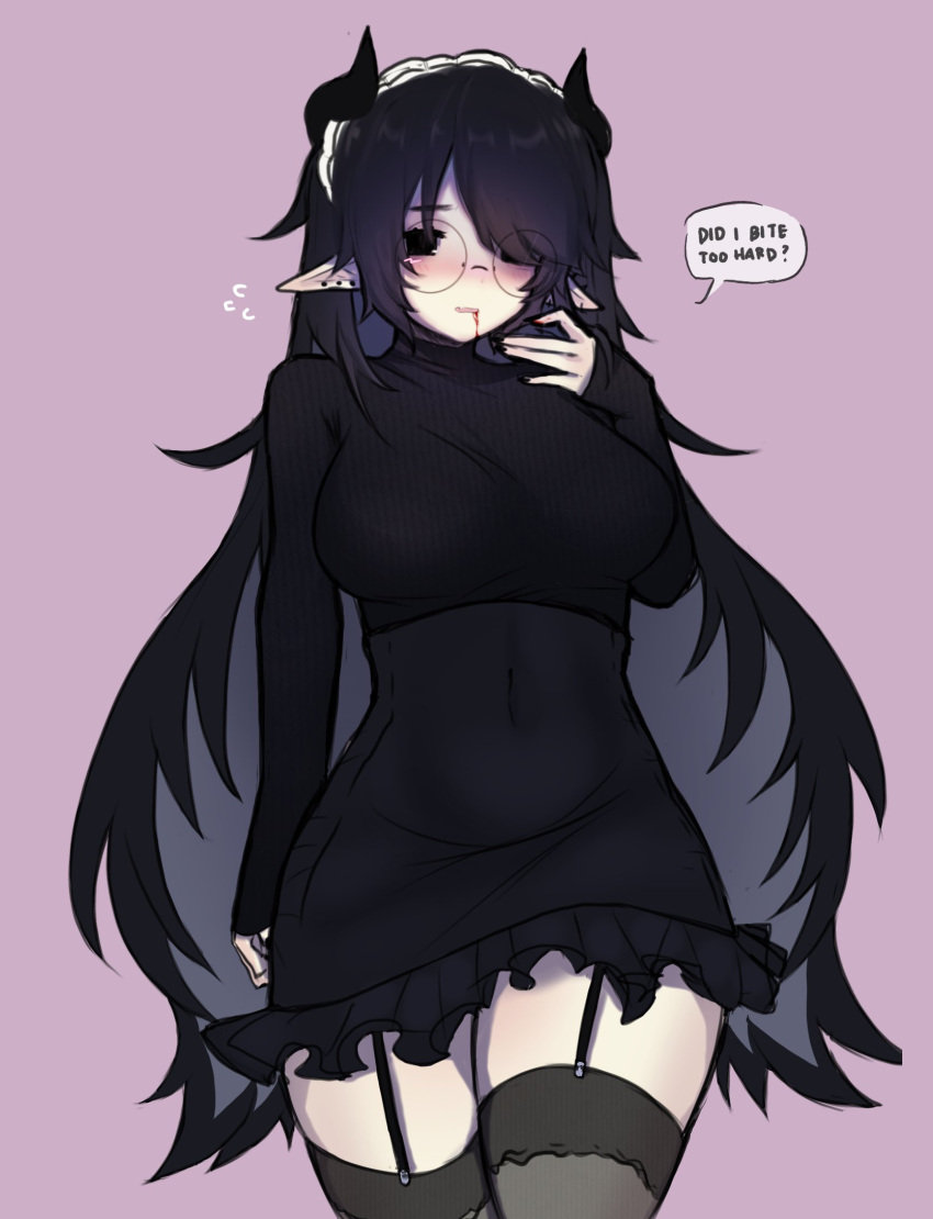 1girl, black_dress, black_hair, blood, blush, breasts, colored_inner_hair, cowboy_shot, dress, earrings, glasses, highres, houndeater, jewelry, large_breasts, long_hair, multicolored_hair, nihil_(houndeater), original, pale_skin, pointy_ears, round_eyewear, solo, speech_bubble, thigh-highs, vampire