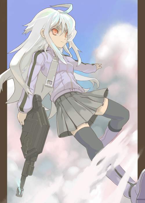 black_legwear, bokaa_(exploration), gun, long_hair, red_eyes, silver_hair, sky, suguri