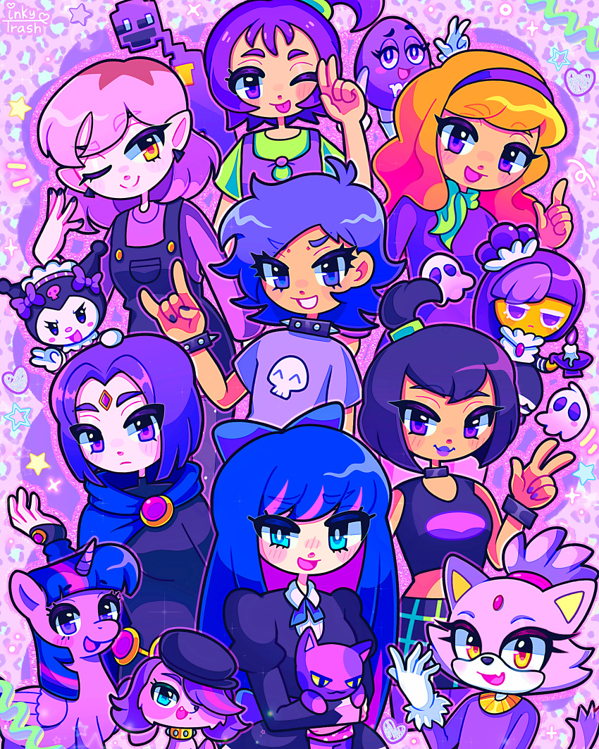 1boy, 6+girls, absurdres, amity_blight, animal_crossing, aqua_eyeshadow, black_hair, blackberry_cookie, blaze_the_cat, blue_hair, bob_(animal_crossing), cat, cookie_run, danny_phantom, daphne_blake, dc_comics, dog, eyeshadow, five_nights_at_freddy's, gingerbread_man, hi_hi_puffy_amiyumi, highres, inky_trash, kuromi, littlest_pet_shop, littlest_pet_shop_(2012), m&amp;m's, makeup, multiple_girls, my_little_pony, my_little_pony:_friendship_is_magic, ojamajo_doremi, orange_hair, panty_&amp;_stocking_with_garterbelt, pointy_ears, purple_hair, purple_theme, rabbit, raven_(dc), sam_manson, sanrio, scooby-doo, segawa_onpu, sonic_(series), stocking_(psg), teen_titans, the_owl_house, twilight_sparkle, violet_eyes, william_afton, yellow_eyes, yoshimura_yumi, zoe_trent
