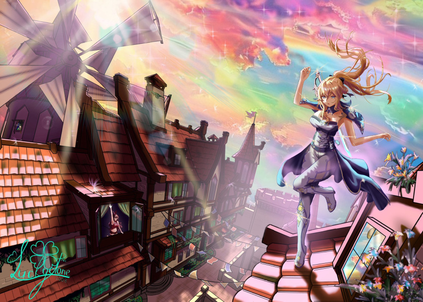 amber_(genshin_impact), aquila_favonia_(genshin_impact), bbc_luckyclone, blonde_hair, blue_eyes, city, cityscape, english_text