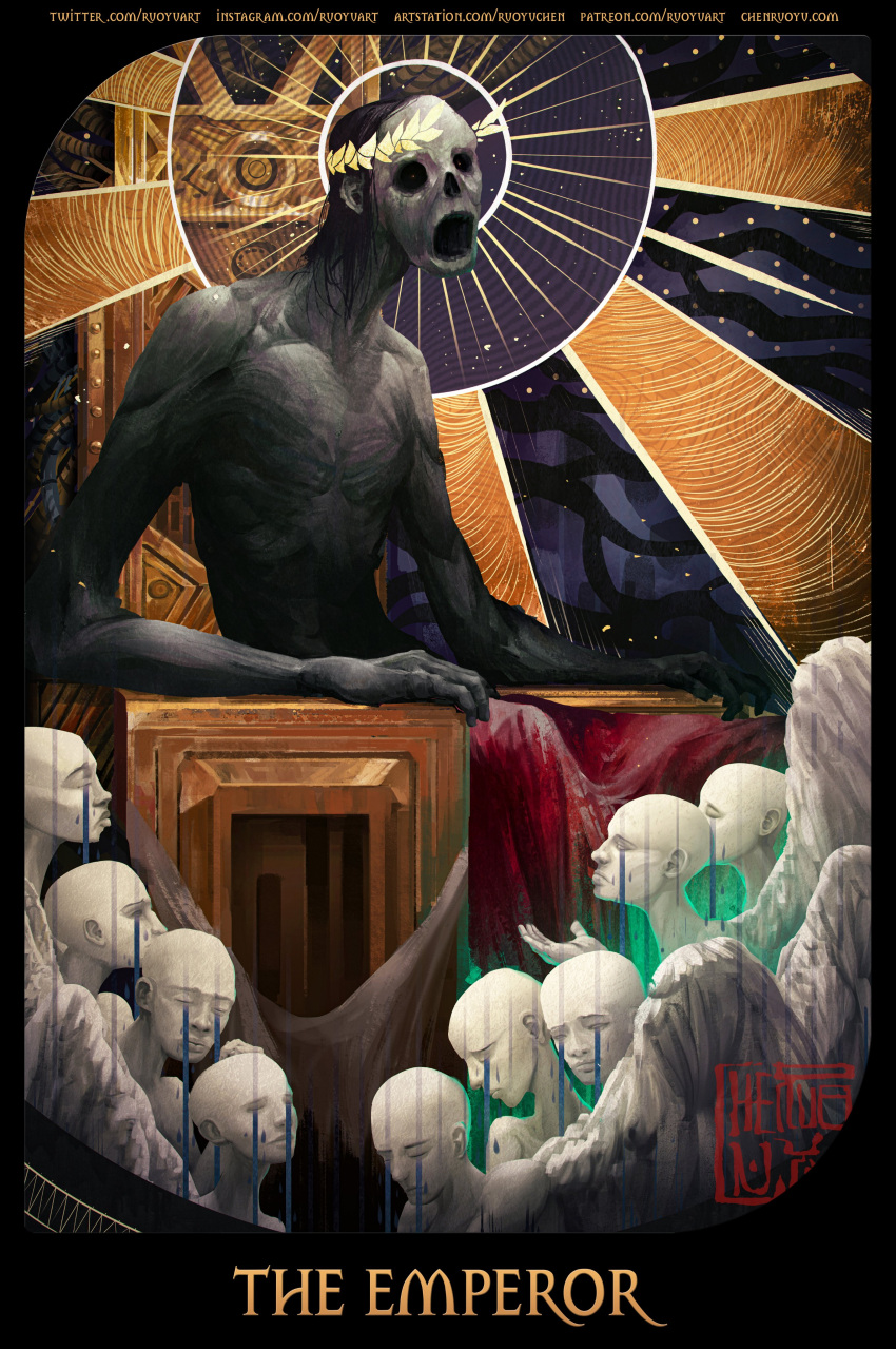 1boy, 6+others, absurdres, angel, angel_wings, arm_up, artist_name, artstation_username, bald, black_border, black_hair, border, closed_eyes, commentary, corpse, crying, dark, decay, decaying_skin, double_halo, emaciated, emperor_of_mankind, english_commentary, glowing, glowing_eyes, glowing_halo, halo, highres, hollow_eyes, industrial_pipe, instagram_username, laurel_crown, laurels, light_rays, long_hair, medium_hair, multiple_others, no_nose, no_pupils, open_mouth, pale_skin, patreon_username, rotting, ruoyuart, sad, signature, sitting, sunken_eyes, tarot, teardrop, tears, teeth, the_emperor_(tarot), throne, title, tube, twitter_username, warhammer_40k, web_address, white_halo, wings