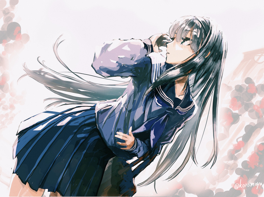 1girl, asagami_private_girls_acadamy_uniform, bag, black_hair, blue_neckerchief, blue_sailor_collar, blue_serafuku, blue_shirt