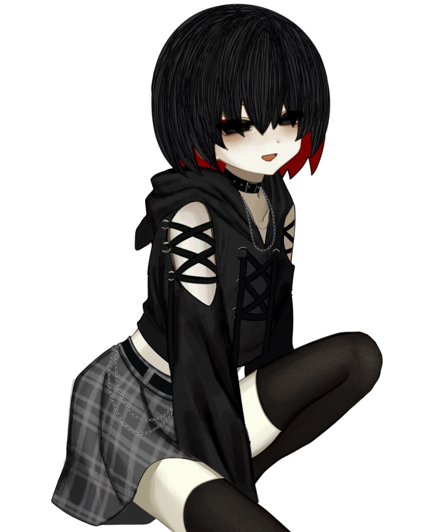1girl, :d, arm_support, bare_shoulders, between_legs, black_choker, black_eyes, black_hair, black_hoodie, black_thighhighs, blush, bob_cut, breasts, chain, chain_necklace, choker, clothing_cutout, colored_inner_hair, colored_skin, cropped_hoodie, dot_nose, drawstring, empty_eyes, eyeliner, fang, goth_fashion, greyscale, hair_over_eyes, hand_between_own_legs, highres, hood, hood_down, hoodie, jewelry, knee_up, lace-up, looking_at_viewer, makeup, midriff_peek, monochrome, monogatari_(series), monogatari_series_shibuya109_collaboration, multicolored_hair, narrowed_eyes, necklace, on_ground, oshino_ougi, pale_skin, partially_colored, red_eyeliner, red_hair, shin1kake, short_hair, shoulder_cutout, simple_background, sitting, sketch, skirt, small_breasts, smile, solo, thigh-highs, wallet_chain, white_background