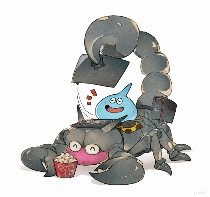 blush_stickers, closed_eyes, commentary_request, computer_keyboard, computer_mouse, crumbs, dragon_quest, eating