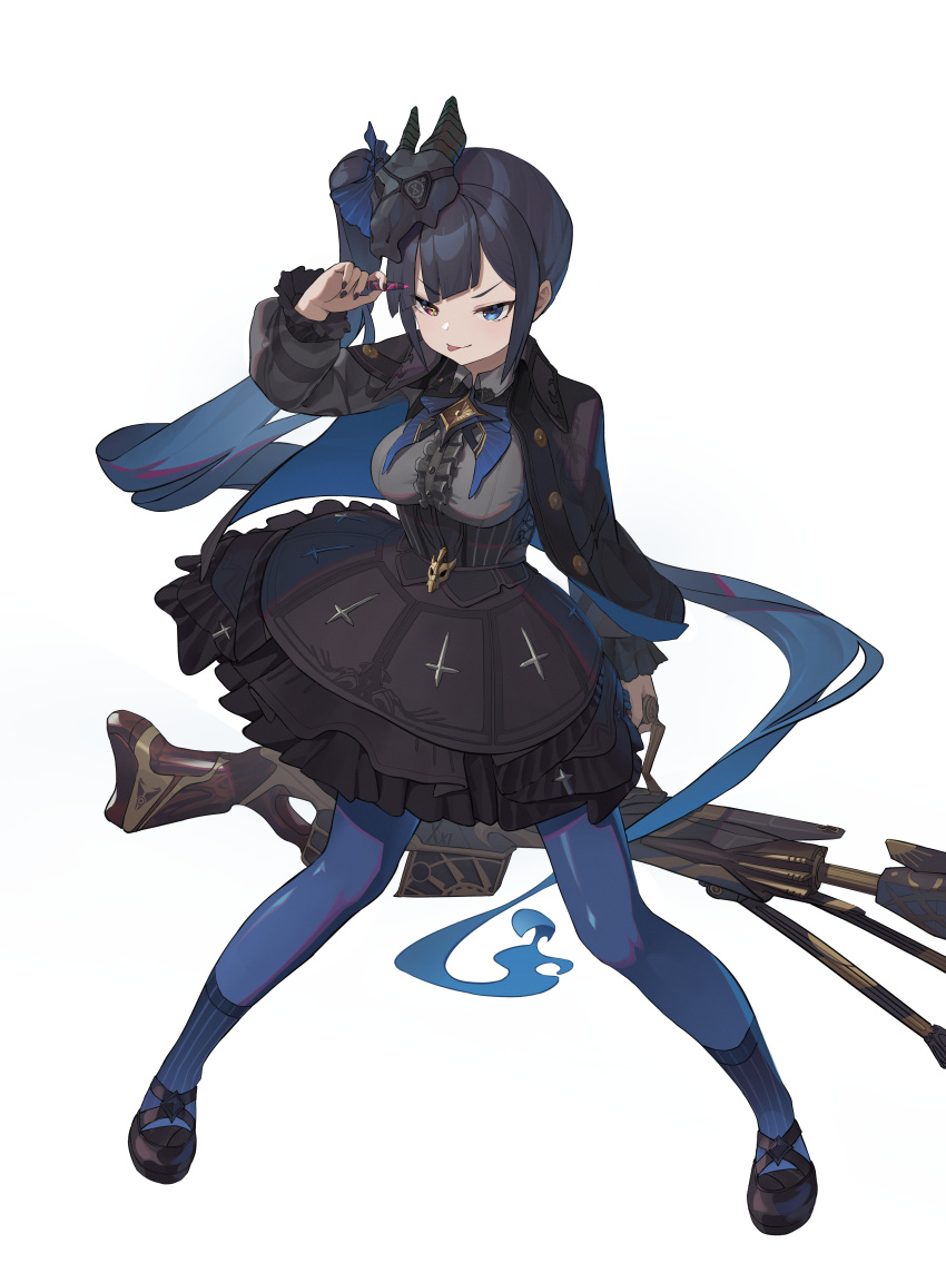 1girl, :p, absurdres, asymmetrical_bangs, beamcon, black_nails, blue_eyes, blue_hair