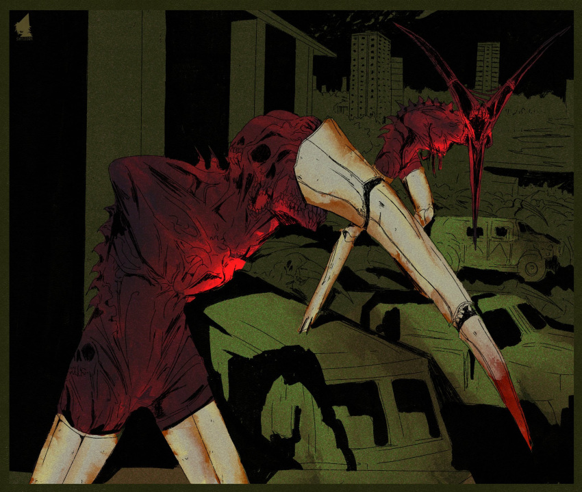 2girls, border, car, commentary, corrupted_storch_(signalis), cowboy_shot, english_commentary, extra_faces, green_border, highres, monster, motor_vehicle, multiple_girls, open_mouth, outdoors, shylodon, signalis, skull, standing, teeth, zombie