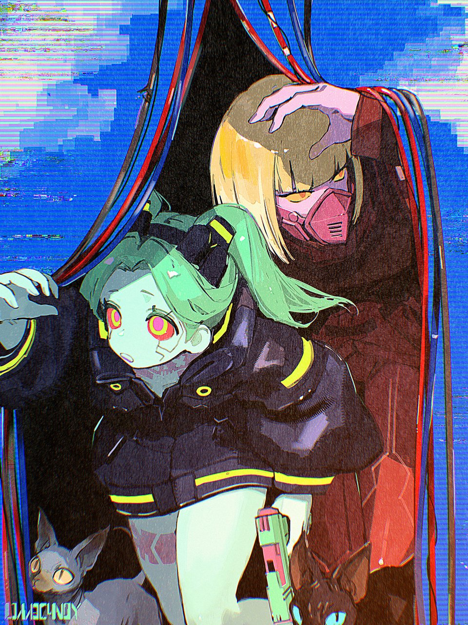 2girls, artificial_eye, cat, colored_sclera, cyberpunk:_edgerunners, cyberpunk_(series), gun, highres