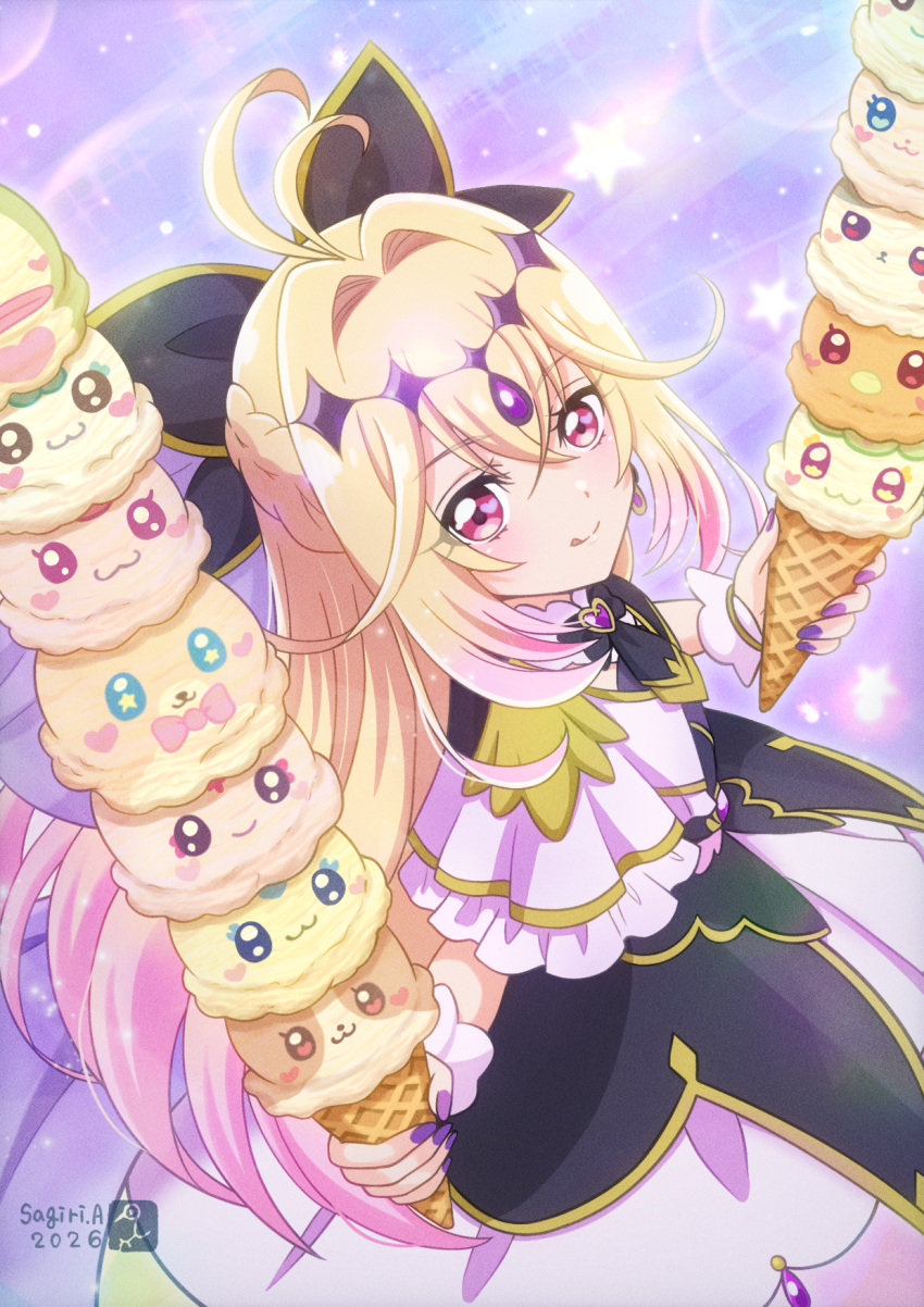 1girl, ;q, annotated, antenna_hair, artist_logo, artist_name, asukamama89, black_bow, black_bowtie, black_capelet, black_dress, blonde_hair, bow, bowtie, braid, brooch, capelet, chypre_(precure), closed_mouth, coffret_(precure), commentary, coupe_(precure), cowboy_shot, crown_braid, cure_arcana_shadow, dated, diamond_hairband, dress, earrings, frilled_capelet, frilled_cuffs, frilled_dress, frills, from_side, futari_wa_precure, gradient_hair, hair_bow, hair_intakes, healin'_good_precure, heart, heart_brooch, heartcatch_precure!, highres, hirogaru_sky!_precure, holding, holding_ice_cream_cone, ice_cream_cone, in-franchise_crossover, inukai_komugi, inukai_komugi_(dog), jewelry, kimi_to_idol_precure, layered_dress, licking_lips, light_particles, logo, long_hair, looking_at_viewer, magical_girl, mahou_girls_precure!, medium_dress, meitantei_precure!, mepple, mipple, mofurun_(precure), moria_luluka, multicolored_hair, nico_(wonderful_precure!), one_eye_closed, pink_eyes, precure, purirun_(fairy)_(precure), purple_veil, rabirin_(precure), smile, solo, sparkle, standing, star_(symbol), tongue, tongue_out, toyama_daifuku, toyama_daifuku_(rabbit), veil, very_long_hair, wonderful_precure!, yuunagi_tsubasa, yuunagi_tsubasa_(bird)