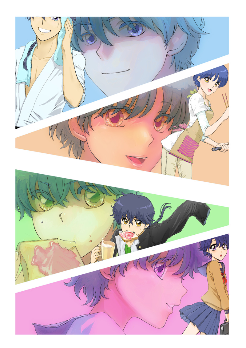 2boys, 2girls, apron, black_hair, blue_eyes, blue_hair, blue_sailor_collar, blue_skirt