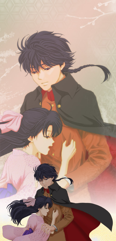 1boy, 1girl, black_cape, black_hair, blue_eyes, bow, cape, character_request