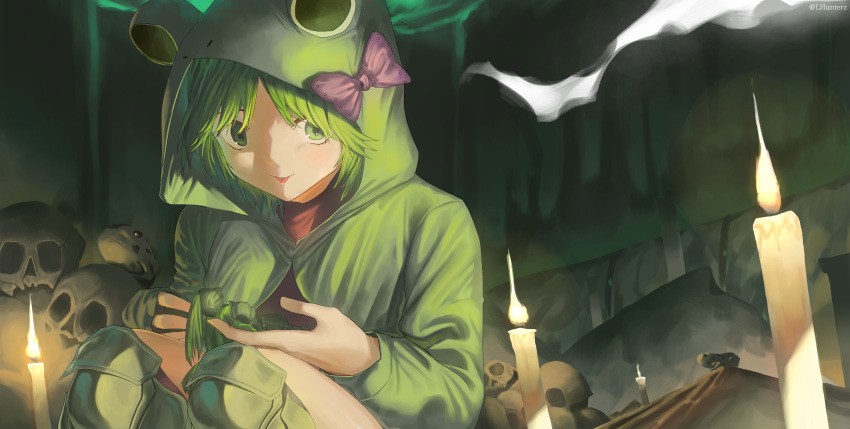 1boy, 1girl, absurdres, animal_hood, black_souls, bow, commentary, frog