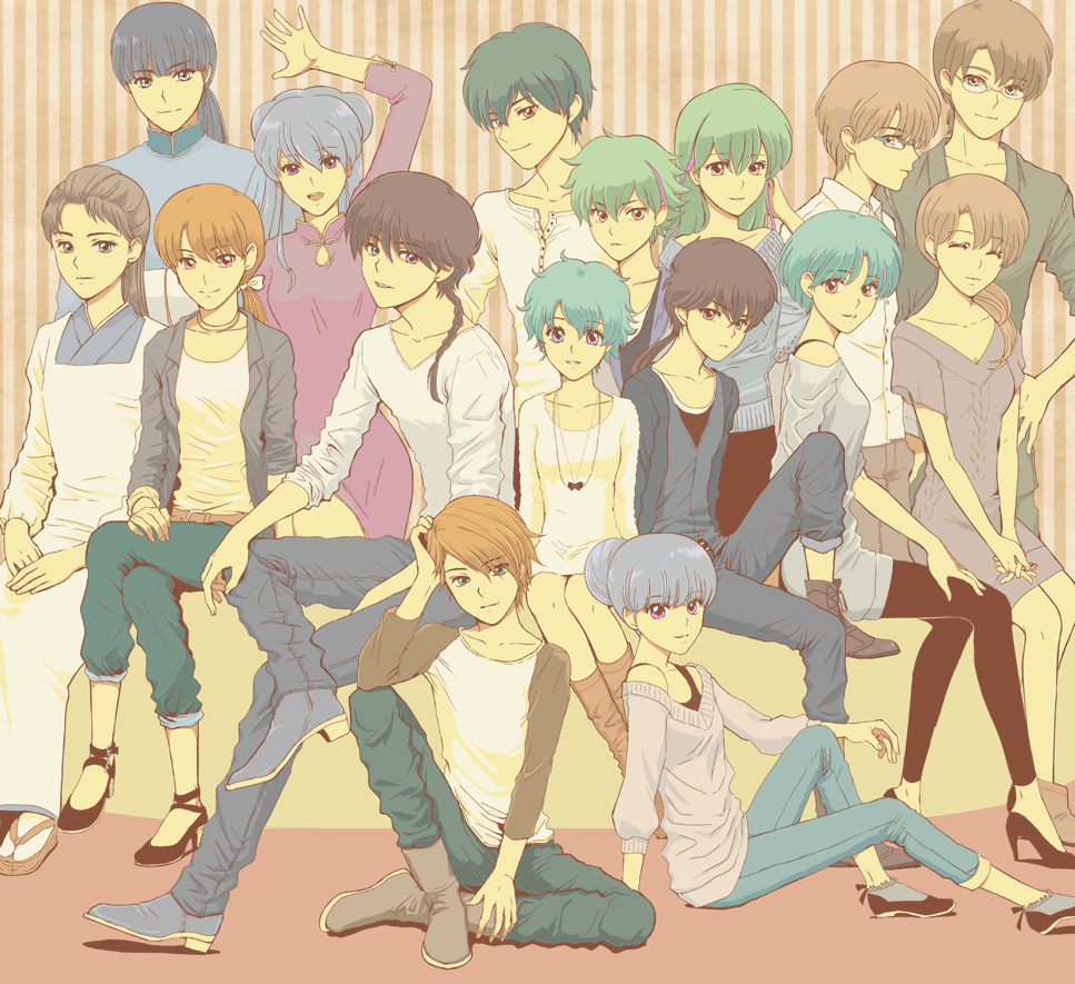 6+boys, 6+girls, ^_^, arm_up, belt, black_hair, black_pants, blue_eyes