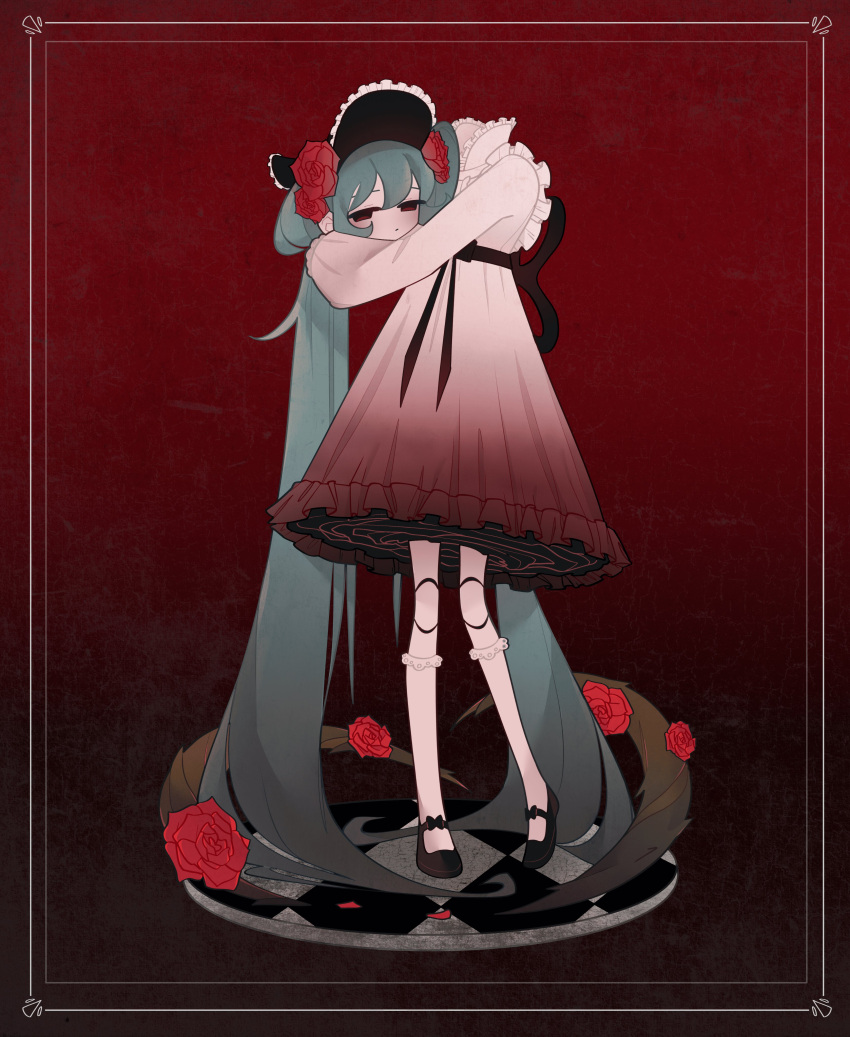 1girl, absurdres, black_bonnet, black_shoes, blue_hair, bonnet, border, checkered_floor