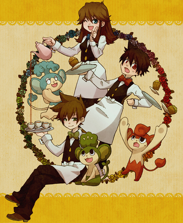 2boys, :d, alternate_costume, apron, blue_(pokemon), bowtie, brown_hair, corn_(pokemon), corn_(pokemon)_(cosplay), cosplay, cup, cupcake, dent_(pokemon), dent_(pokemon)_(cosplay), flower, food, hair_between_eyes, holding, long_hair, monkey, multiple_boys, ookido_green, open_mouth, orange_background, panpour, pansage, pansear, pod_(pokemon), pod_(pokemon)_(cosplay), pokemon, pokemon_(game), pokemon_black_and_white, pokemon_blue, pokemon_bw, pokemon_frlg, pokemon_red_and_green, pokemon_rgby, pokemon_special, pouring, red_(pokemon), rose, smile, tea, teacup, teapot, tray, umeco_0516, umeko_(0516), waiter, waitress, wink