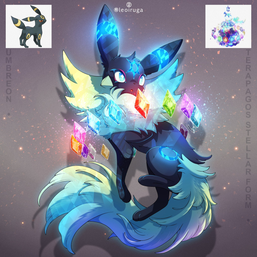 :o, animal_focus, black_fur, blue_eyes, blue_fur, bright_pupils, character_name, colored_eyelashes, commentary, english_commentary, facial_mark, fluffy, forehead_mark, full_body, fusion, gem, glowing, grey_background, highres, leoiruga, looking_at_viewer, neck_fur, no_humans, official_art_inset, open_mouth, pokemon, pokemon_(creature), pokemon_focus, simple_background, solo, standing, terapagos, terapagos_(terastal), umbreon, white_pupils