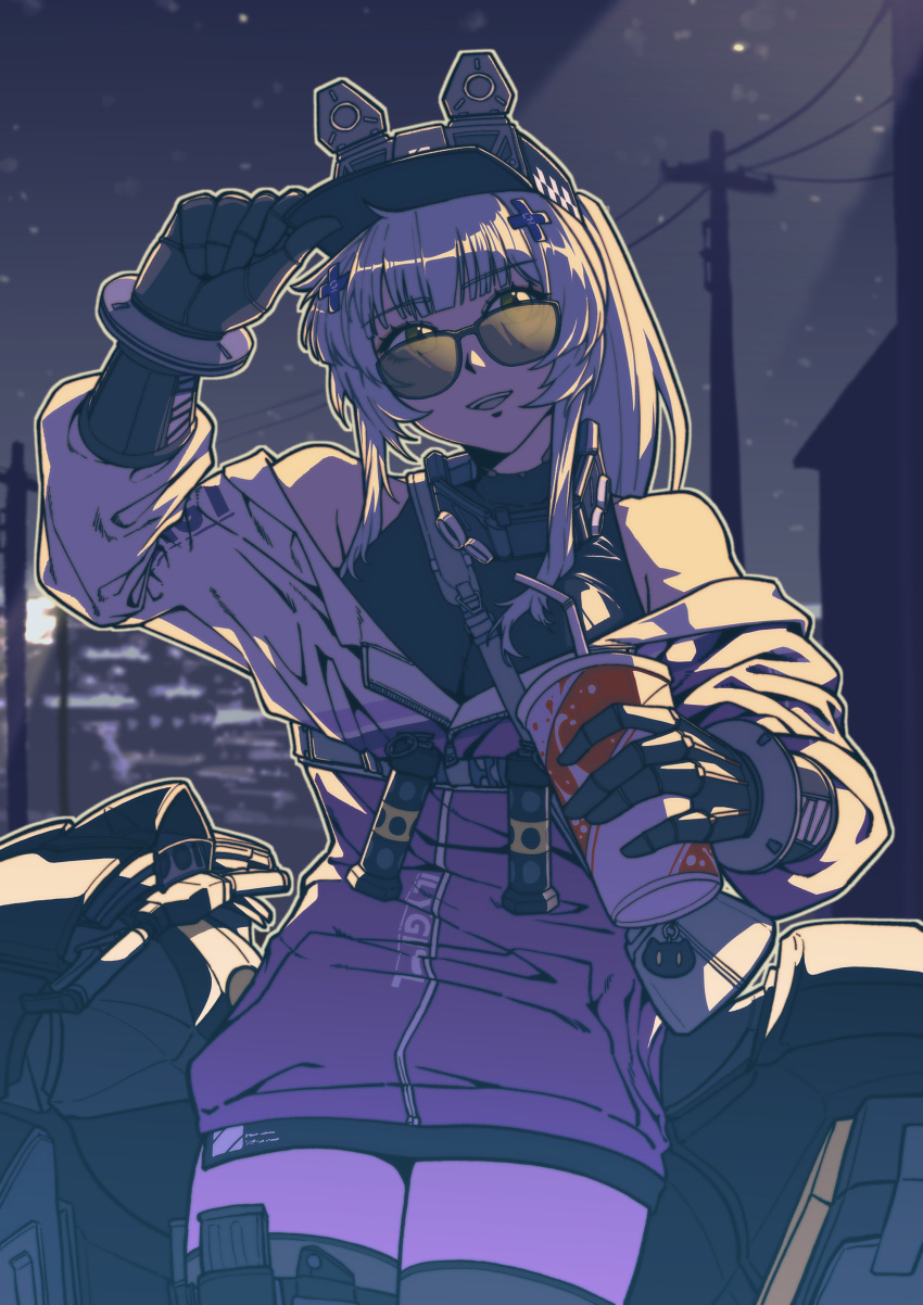 1girl, absurdres, adjusting_clothes, adjusting_headwear, baseball_cap, bicycle, commentary_request, cross_hair_ornament, cup, disposable_cup, doya_(qkrdbseh1205), girls'_frontline_2:_exilium, girls_frontline, green_eyes, hair_ornament, hat, highres, hk416_(girls'_frontline), holding, holding_cup, klukai_(girls'_frontline_2), korean_commentary, long_hair, night, open_mouth, smile, stun_grenade, sunglasses, teeth, upper_teeth_only, utility_pole, white_hair
