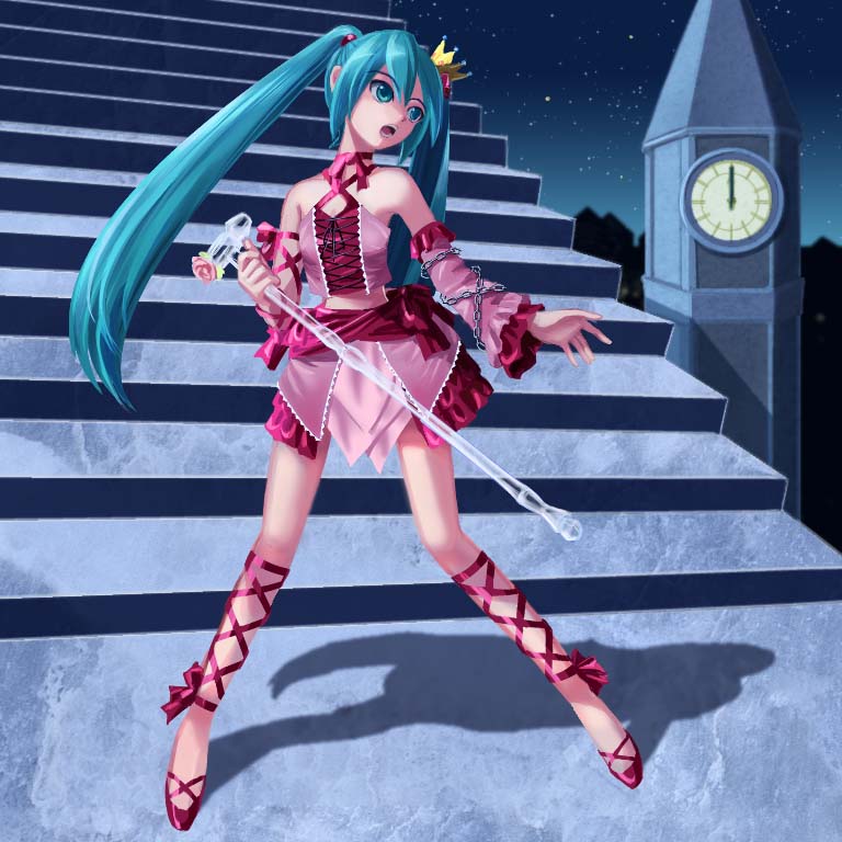 aqua_eyes, aqua_hair, chain, chains, clock, clock_tower, crown, detached_sleeves, hatsune_miku, long_hair, midriff, open_mouth, ren-chan, ribbon, romeo_to_cinderella_(vocaloid), skirt, solo, stairs, tower, twintails, very_long_hair, vocaloid
