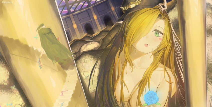 1boy, 1girl, absurdres, black_hat, black_souls, blonde_hair, blue_flower, blue_rose