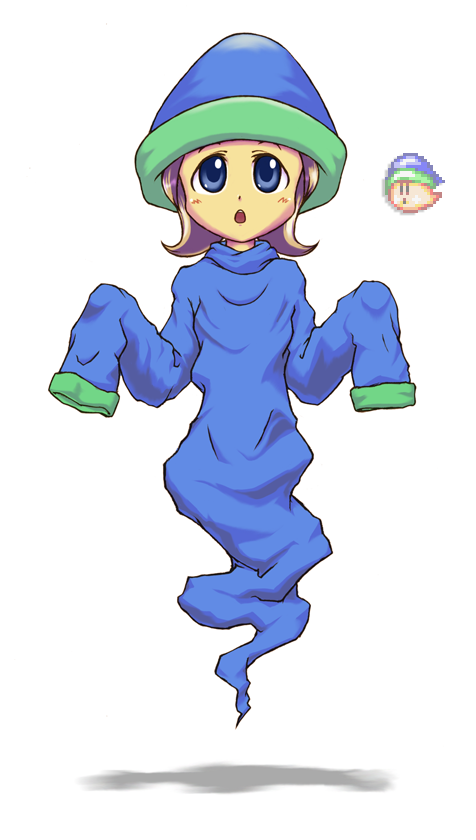 1girl, :o, al_mn, blue_hat, brown_hair, commentary_request, floating, full_body, gaspar_(kirby), ghost_tail, hat, kirby's_dream_course, kirby_(series), long_sleeves, nightcap, open_mouth, personification, reference_inset, shadow, short_hair, simple_background, sleeves_past_fingers, sleeves_past_wrists, solo, sprite, teeth, upper_teeth_only, white_background