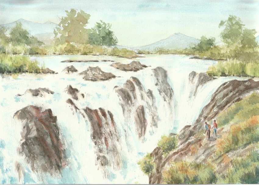 angola, commentary_request, day, landscape, mountainous_horizon, namibia, nature, original, outdoors, painting_(medium), paruperu, people, real_world_location, river, scenery, traditional_media, tree, water, watercolor_(medium), waterfall